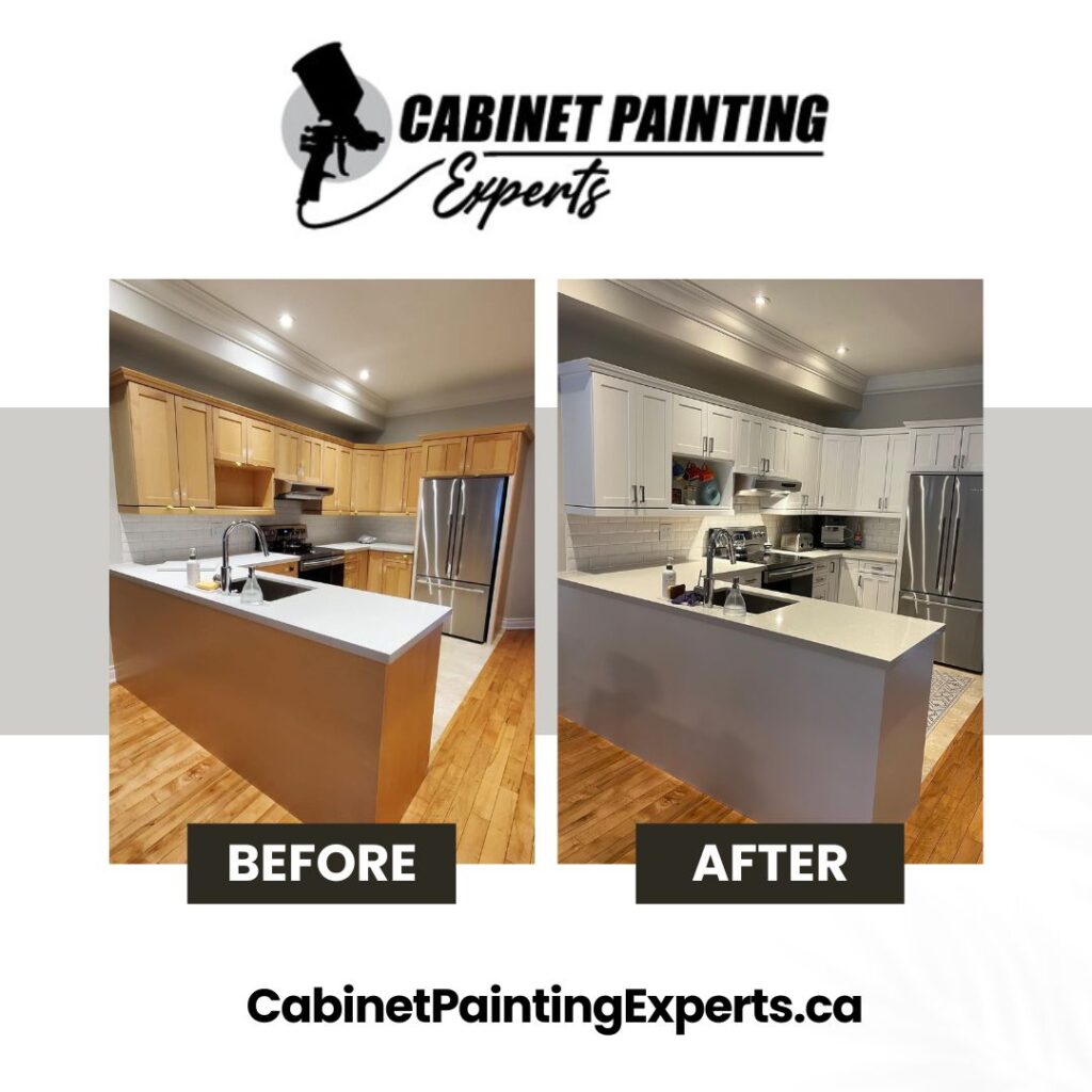 Before And After Photo of Painted Kitchen Cabinets