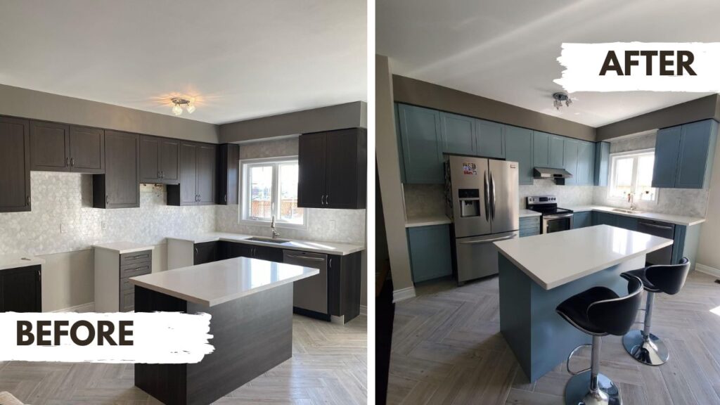 Before And After Photo of Painted Kitchen Cabinets