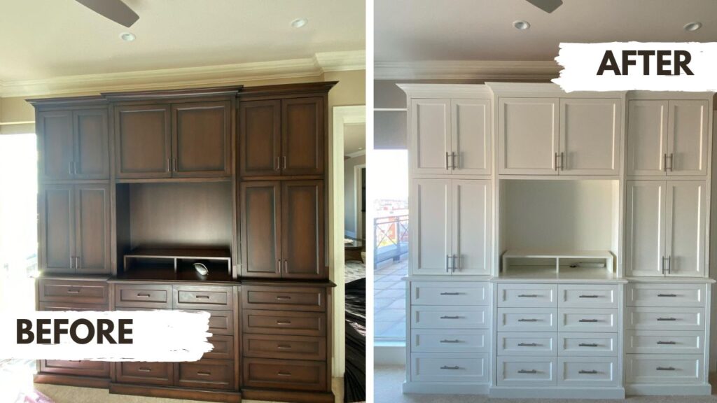 Before And After Picture Of Painted Built-In Cabinets