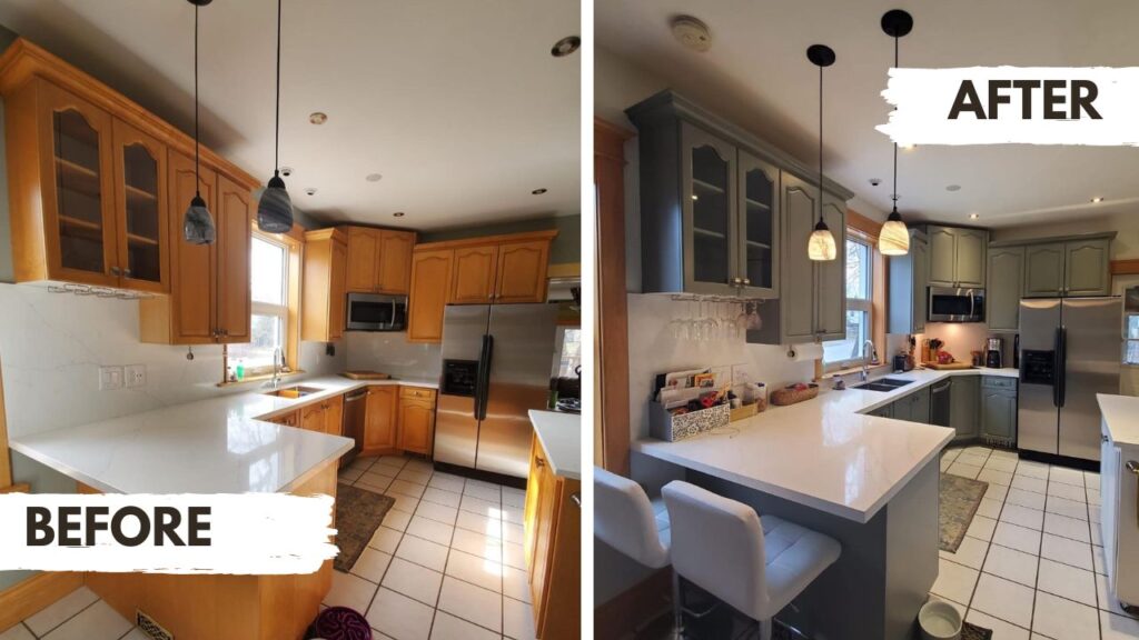 Painted Honey Oak Kitchen Cabinets Before And After Grey or Gray